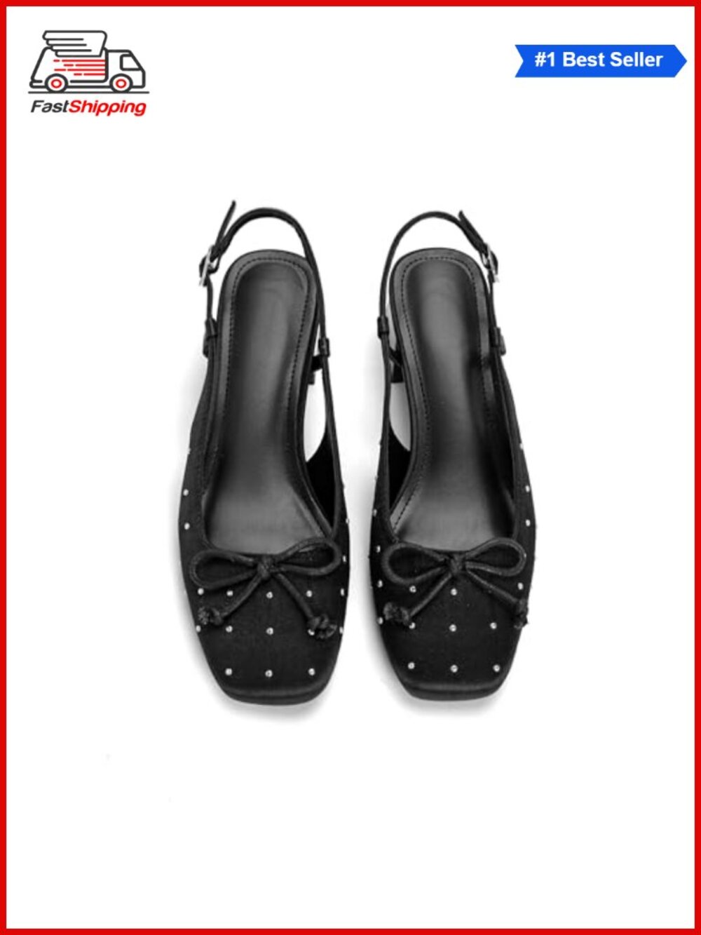 Slingback Ballet Pumps with Bow 2 Inch Studded Low Block Heels Rhinestone